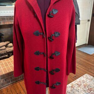 LIZ CLAIBORNE LADIES SIZE L RED SWEATER COAT WITH HOOD